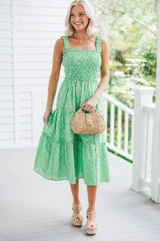 Here To Stay Green Eyelet Midi Dress Casual Chic