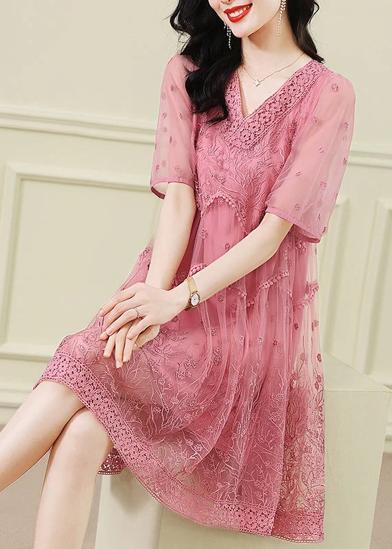 Handmade Pink V Neck Embroideried Patchwork Tulle Dresses Summer Chic Styles