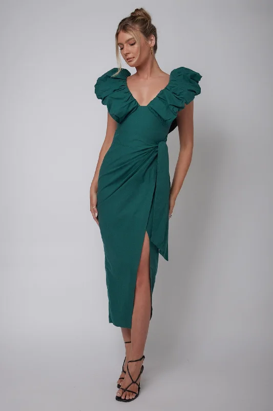 Kahlo Ruffle Neckline Wrap Midi Dress Green Bold Silhouette