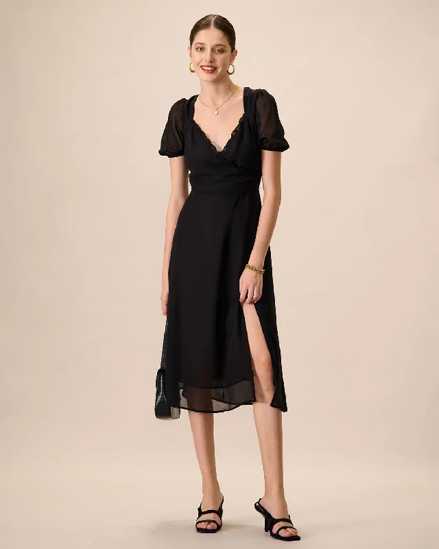 Women's Black Ruched See-Through Slit Midi Dress Unbeatable Deals