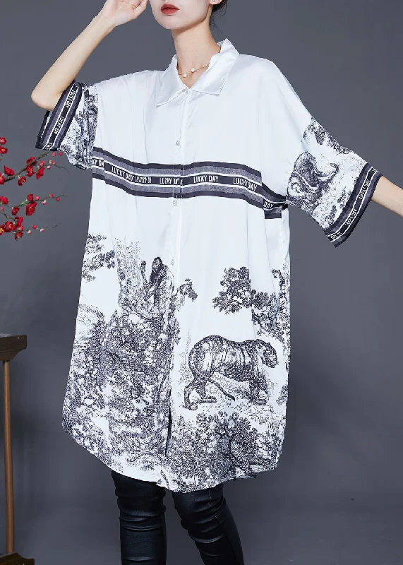 Casual White Oversized Print Ice Silk Shirt Dress Summer Big Savings On Minimalist Office Styles