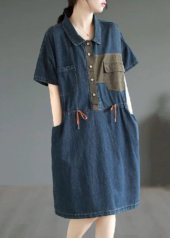 Boutique Blue Button Drawstring Pockets Patchwork Denim Mid Dress Summer Timeless Elegance Redefined