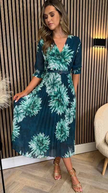 Daniela Navy & Green Multi Floral Printed Belted Midi Dress The Good Stuff