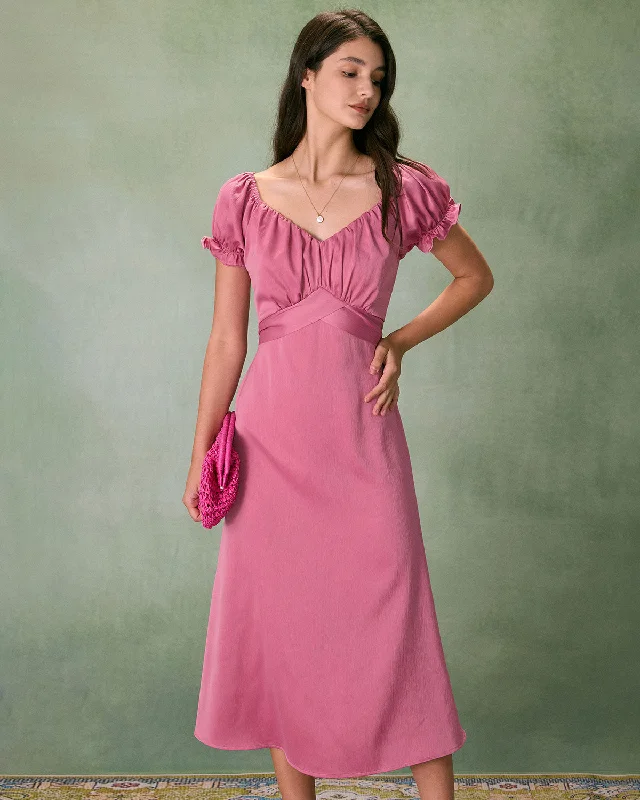 The Pink Sweetheart Neck Ruched Satin Midi Dress Latest Trends