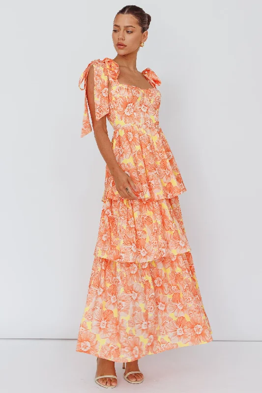 Arlowe Tied Shoulder Tiered Midi Dress Floral Orange Sleek Design