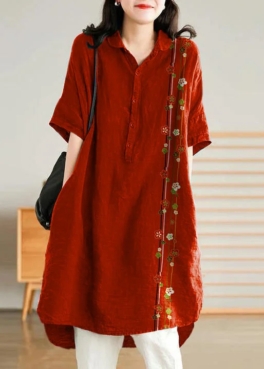 Jade  red flower Linen Women Casual Linen Shirt Dress Fashion Forward Outfits