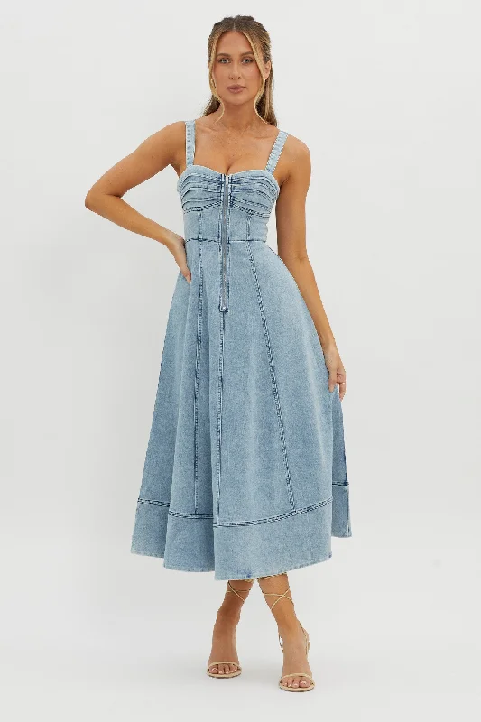 Emilio Pleated Bust A-Line Midi Dress Denim Blue Casual Fashion