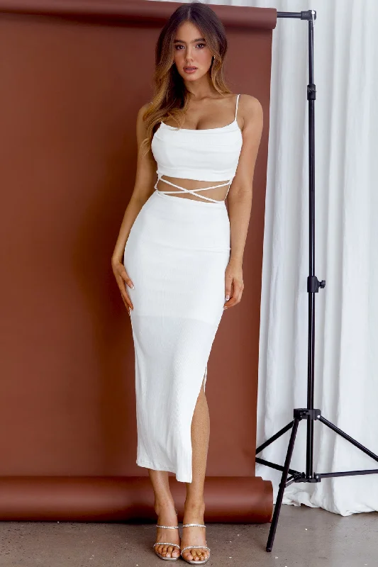 Crazy In Love Cowl Neck Cut-Out Waist Midi Dress White Final Clearance