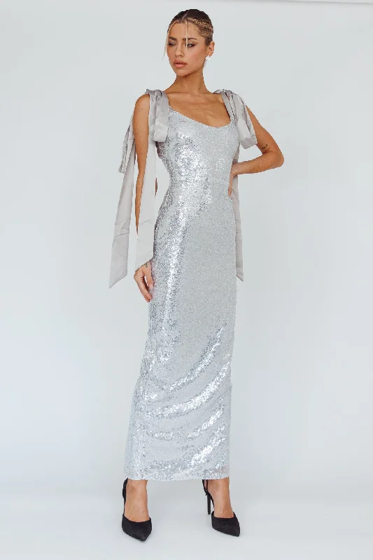 Birthday Wish Tied Shoulder Sequin Maxi Dress Silver Trend Forward Women's Wear