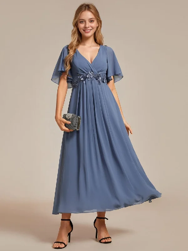 Floral Applique Short Sleeve V-Neck Chiffon Bridesmaid Dress Day To Night Styles