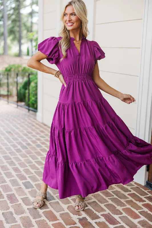 Coming Back For You Plum Purple Tiered Midi Dress Casual Fashion