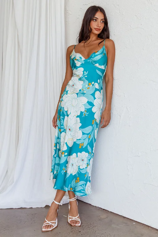 Infinity Pintuck Bust Midi Dress Flower Teal Chic Style, Always In Vogue