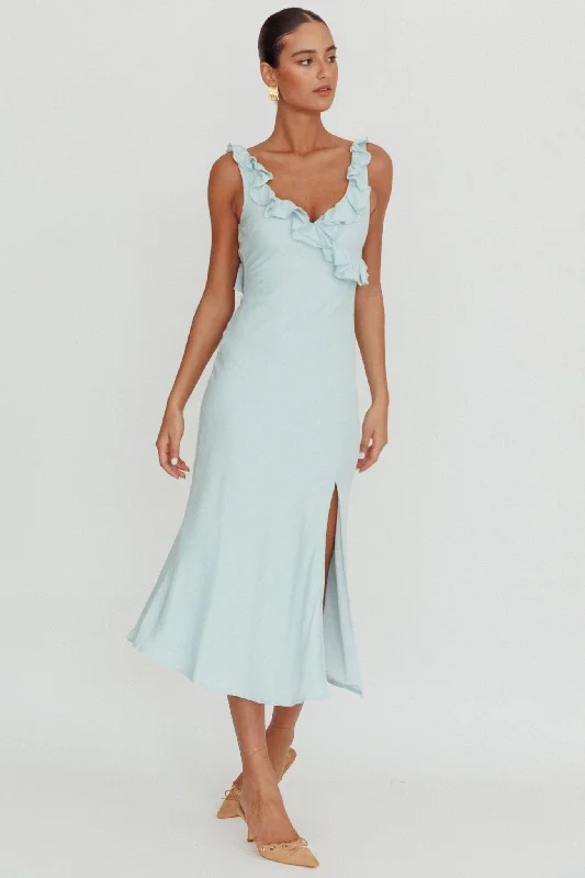 Alba Frill Trim Midi Dress Baby Blue Contemporary Elegance