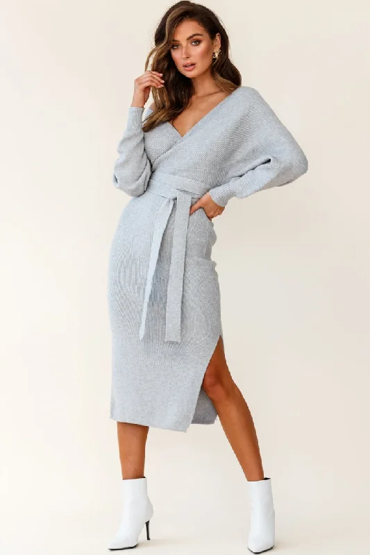 Cameo Batwing Knit Midi Dress Grey Exclusive Sale