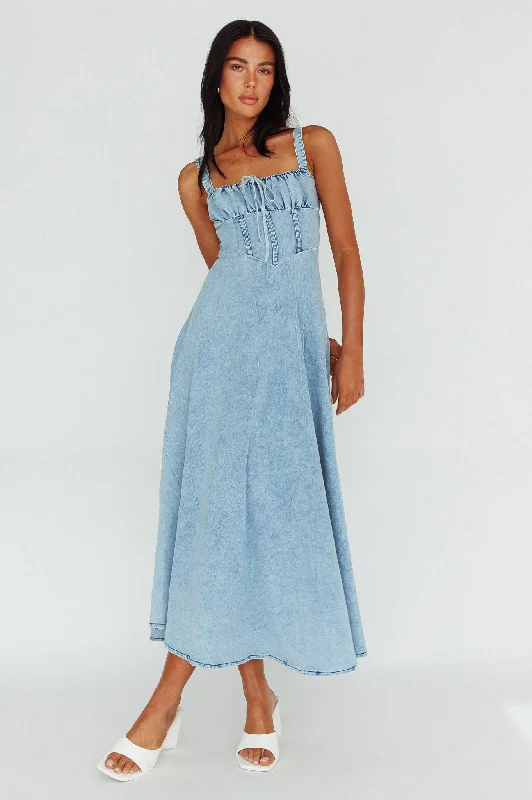 Sweet Pea Tied Bust Maxi Dress Denim Blue Luxury Fashion