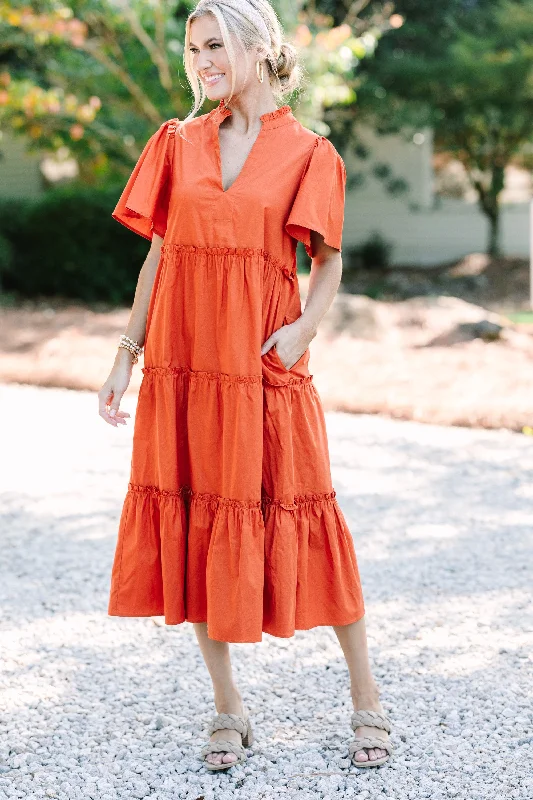 Sugarlips: Make A Statement Rust Orange Tiered Midi Dress End Of Season Sale