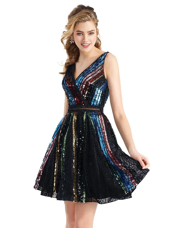 Clarisse - 3948 Sequined V-neck A-line Cocktail Dress Graceful Drape