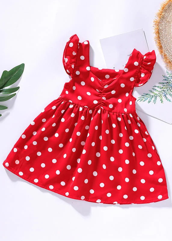 DIY Red O-Neck Dot Print Wrinkled Kids Mid Dress Sleeveless Elegant Contour