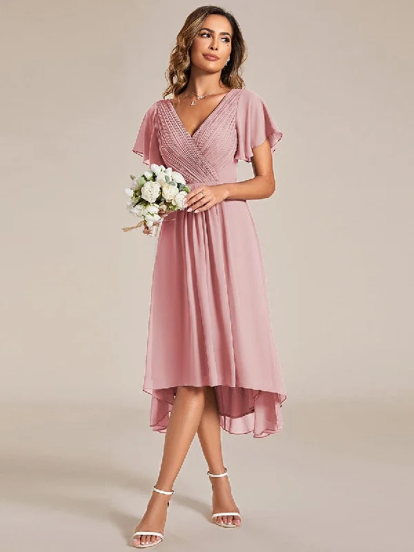 Pleated Asymmetrical Hem Ruffles Sleeve Chiffon Bridesmaid Dress Style Streetwear