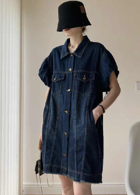 Modern Navy Peter Pan Collar Drawstring Patchwork Denim Dress Puff Sleeve Women's Fashion Hotspots