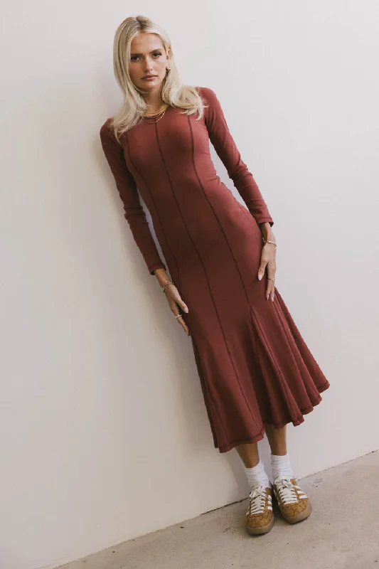 Fiona Ribbed Godet Dress in Rust - FINAL SALE Latest Trends