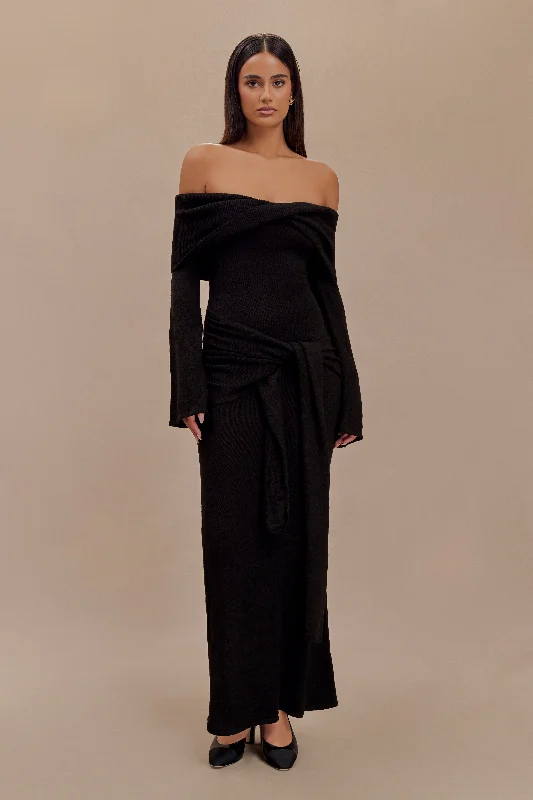 Cameron Off Shoulder Tie Maxi Dress - Black Trendy Street Style Attire