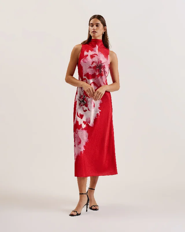 Aliara Printed Cowl Neck Midi Slip Dress Red Classic Charm