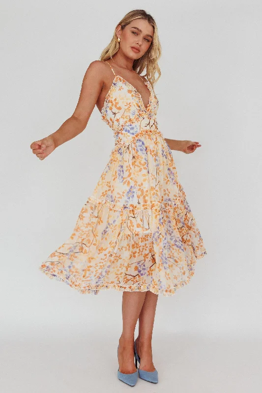 Laney Low Back Cami Strap Midi Dress Floral Orange Romantic Detailing