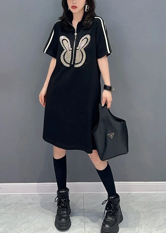 Black Zippered Rabbit Print Mid Dresses Short Sleeve Budget Friendly Fashion