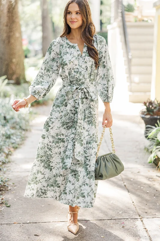 Good Intentions Olive Green Toile Midi Dress Evening Elegance