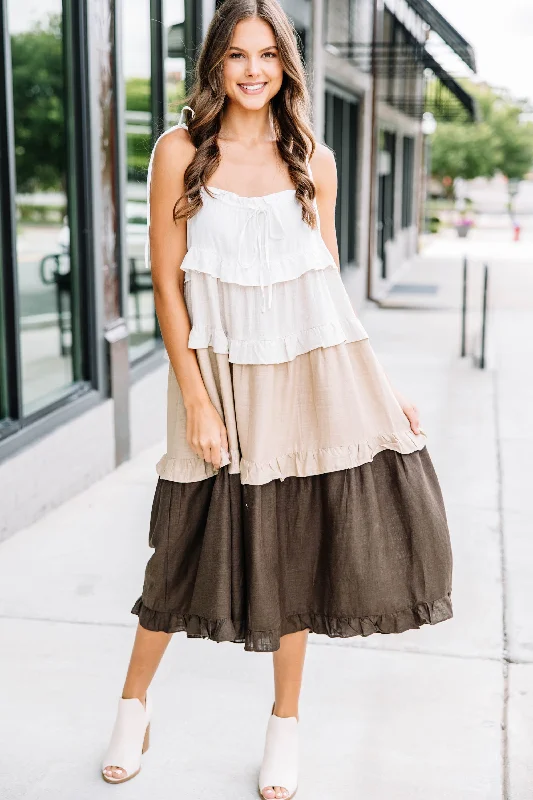 All For Fun Brown Ruffled Midi Dress Season Sale