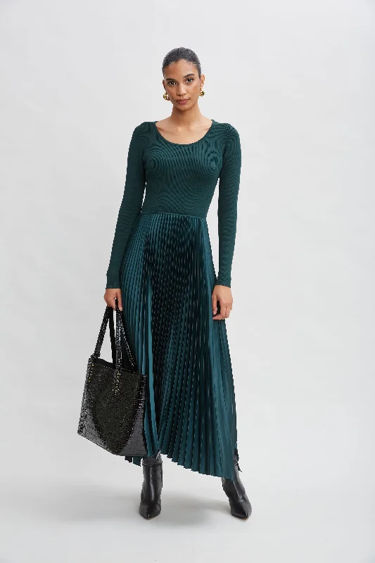 Long Sleeve Knit Pleated Dress Trendy Pulse