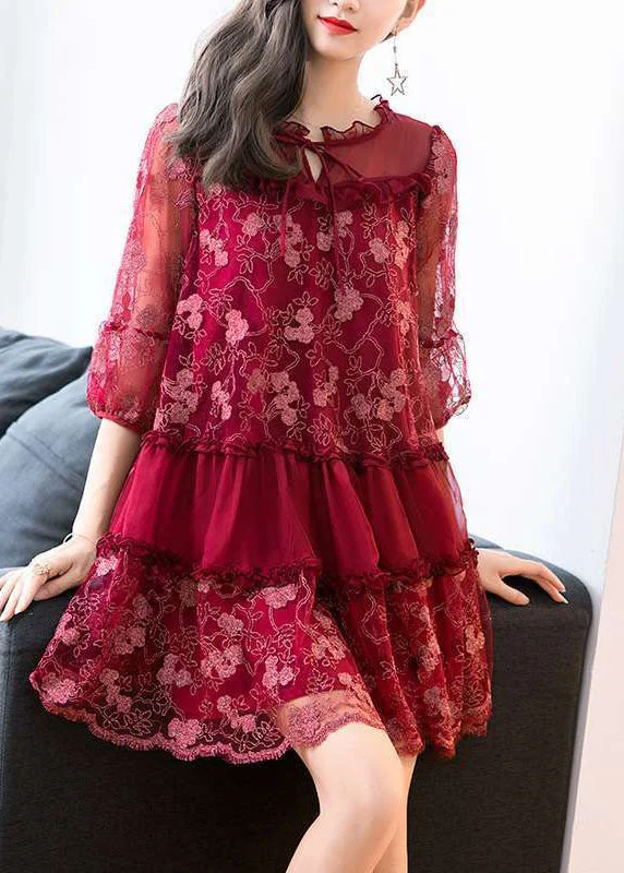 Italian Mulberry Embroideried Ruffled Patchwork Tulle Dress Half Sleeve Great Deals On Ethnic Cultural Wear