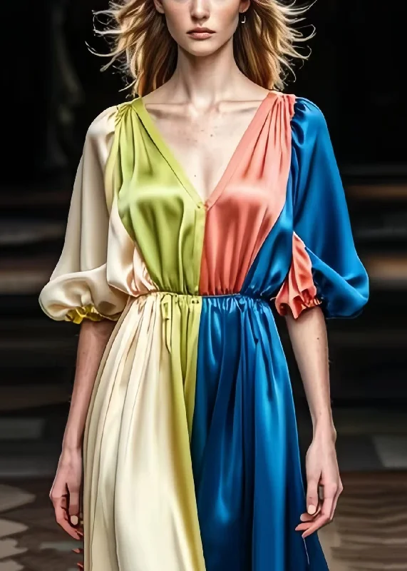 Plus Size Colorblock V Neck Patchwork Draping Silk Dress Summer Chic Style, Always In Vogue