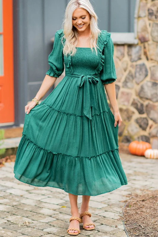 Feel Your Love Hunter Green Ruffled Midi Dress Limited Quantities