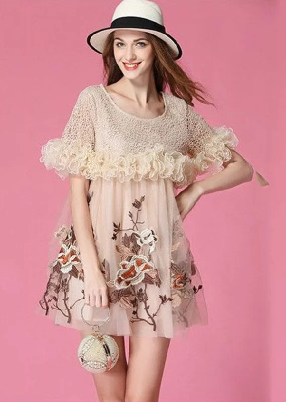 Art Beige Embroideried Ruffled Patchwork Organza Mini Dresses Short Sleeve Soft Textures