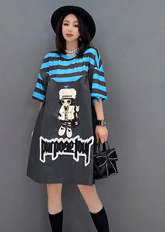 Style Dark Grey O-Neck Cartoon Print Striped Patchwork Dresses Short Sleeve Shop Sale Items