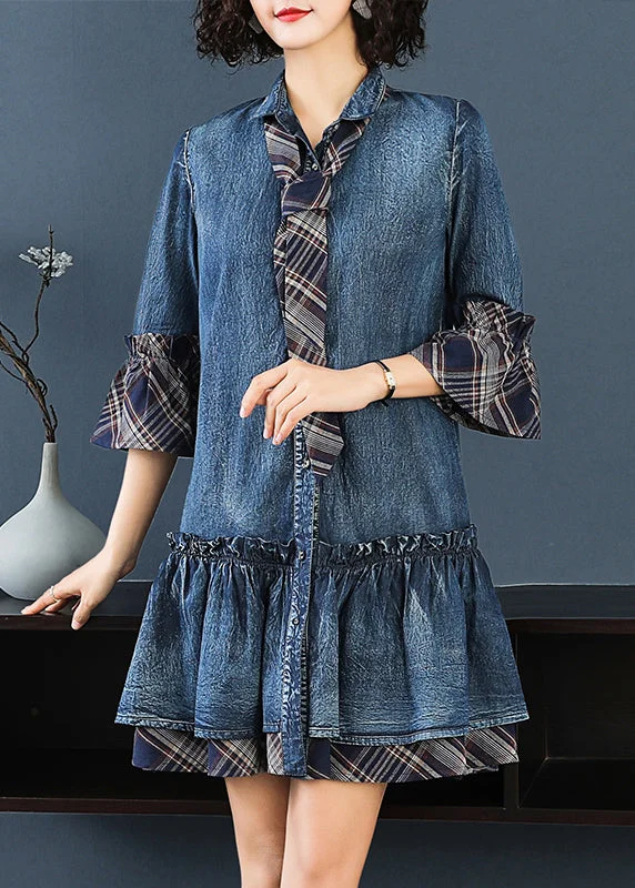 French Blue Ruffled Patchwork Denim Shirts Dress Bracelet Sleeve Chic Styles