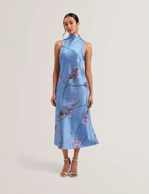 Antua Printed Cowl Neck Midi Slip Dress Lt-Blue Shop Sales