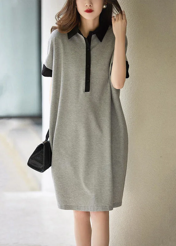 Plus Size Grey Peter Pan Collar Button Patchwork Cotton Dress Summer Save Big