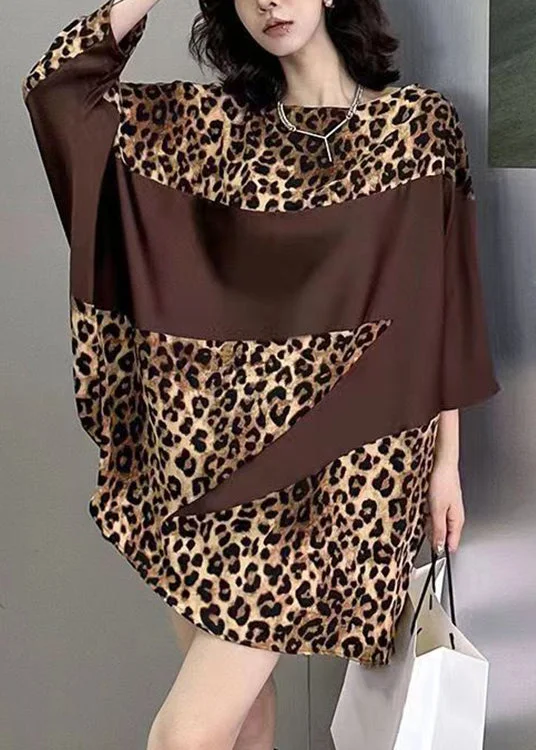 French Leopard O Neck Print Patchwork Cotton Mid Dress Batwing Sleeve Statement Piece