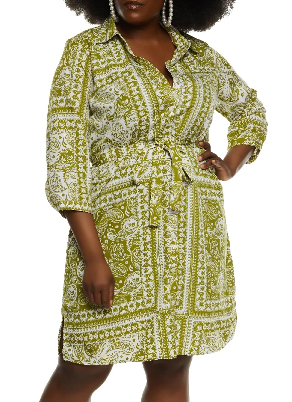 Plus Size Paisley Print Belted Shirt Dress Feminine Charm