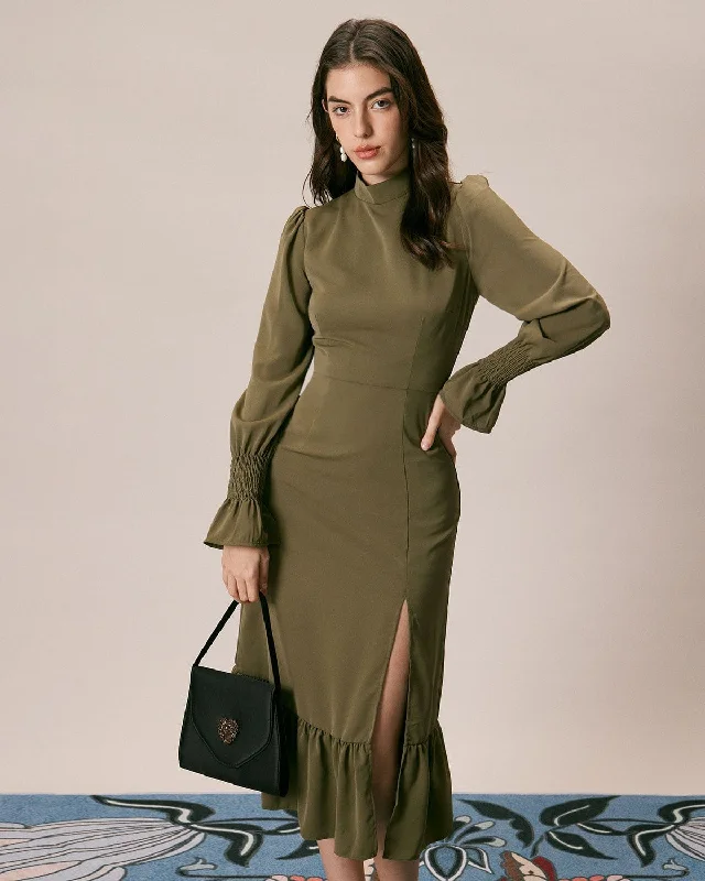 The Army Green Mock Neck Ruffle Midi Dress Hot Trends