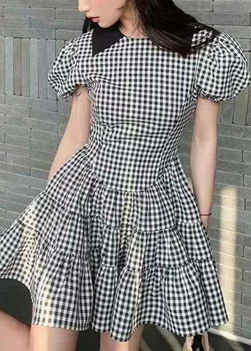 New Plaid High Waist Patchwork Cotton Mid Dress Puff Sleeve Hot Picks