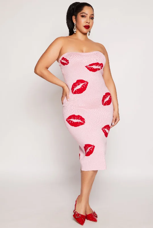 Plus Size Almost Famous Lip Print Midi Tube Dress Summer Splash Sale