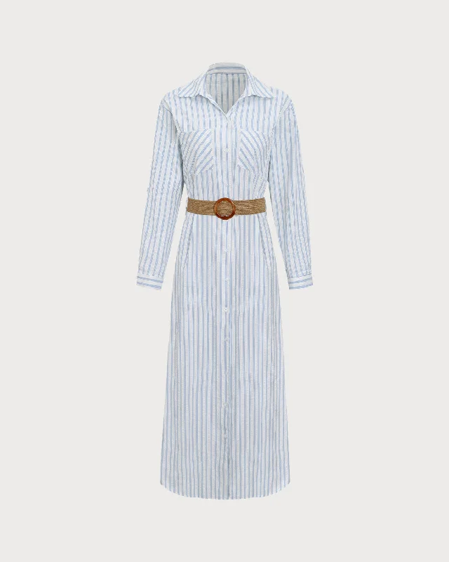 Blue Striped Belted Midi Dress Chic Style, Always In Vogue