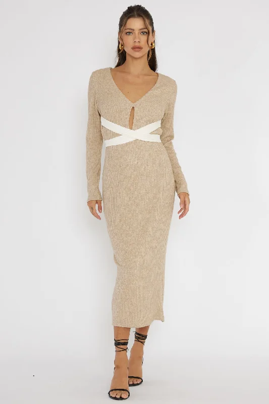 So Emotional Long Sleeve Cut-Out Knit Dress Oat Clearance Sale, All Cheap