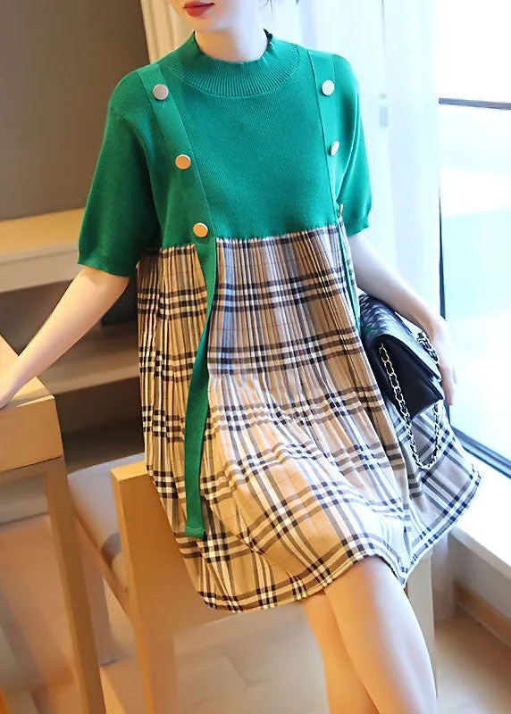 Plus Size Green Stand Collar Patchwork Plaid Knit Mid Dresses Summer Seasonal Trends