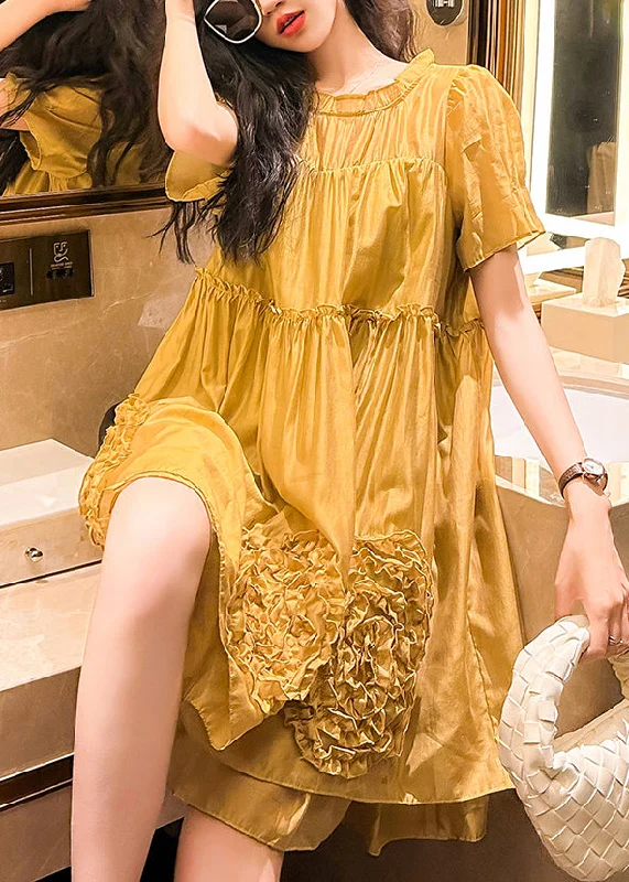 Chic Yellow Ruffled Floral Patchwork Chiffon Dresses Summer Vibrant Styles