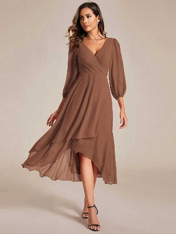 Custom Size Long Sleeves Asymmetrical Hem A-Line Midi Wedding Guest Dress Fashion Forward Outfits